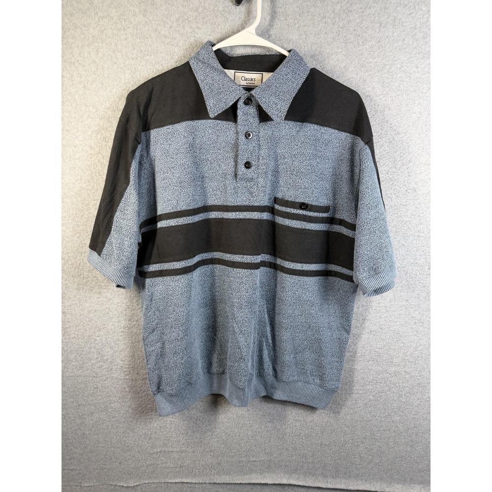 Classics By Palmland Polo Shirt Mens Medium Blue Knit Striped Pocket Casual